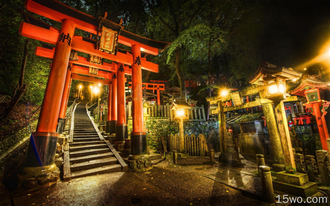 神社，牌坊，寺庙，日本，夜晚，灯光，大门