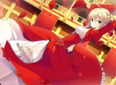 动漫 Fate/Extra Last Encore Saber 女孩 剑 Woman Warrior Blonde Green Eyes Red Dress 高清壁纸 3840x2160