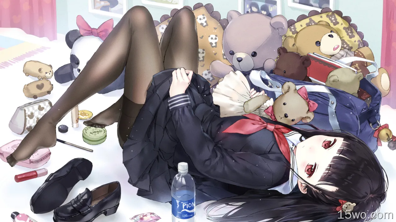 动漫 女孩 Anime Bangs Pantyhose Skirt Black Hair Teddy Bear 毛绒玩具 Pillow Long Hair 高清壁纸