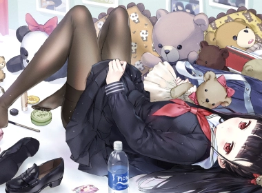 动漫 女孩 Anime Bangs Pantyhose Skirt Black Hair Teddy Bear 毛绒玩具 Pillow Long Hair 高清壁纸 3840x2160