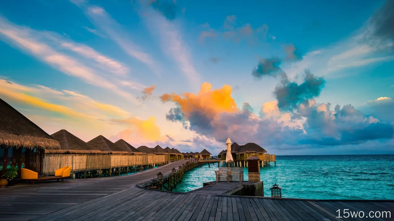 人造 度假酒店 Bungalow Maldives 海洋 蓝色 云 高清壁纸