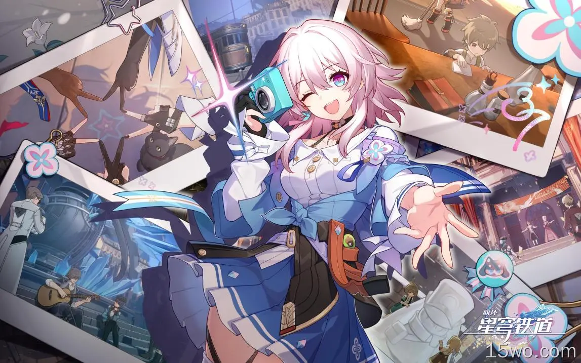 Honkai: Star Rail,San yue qi,March 7th (Honkai: Star Rail),wink,one eye closed,smiling,pink hair,camera,arms reaching,anime girls,open mouth,looking at viewer,multi-colored eyes,stars