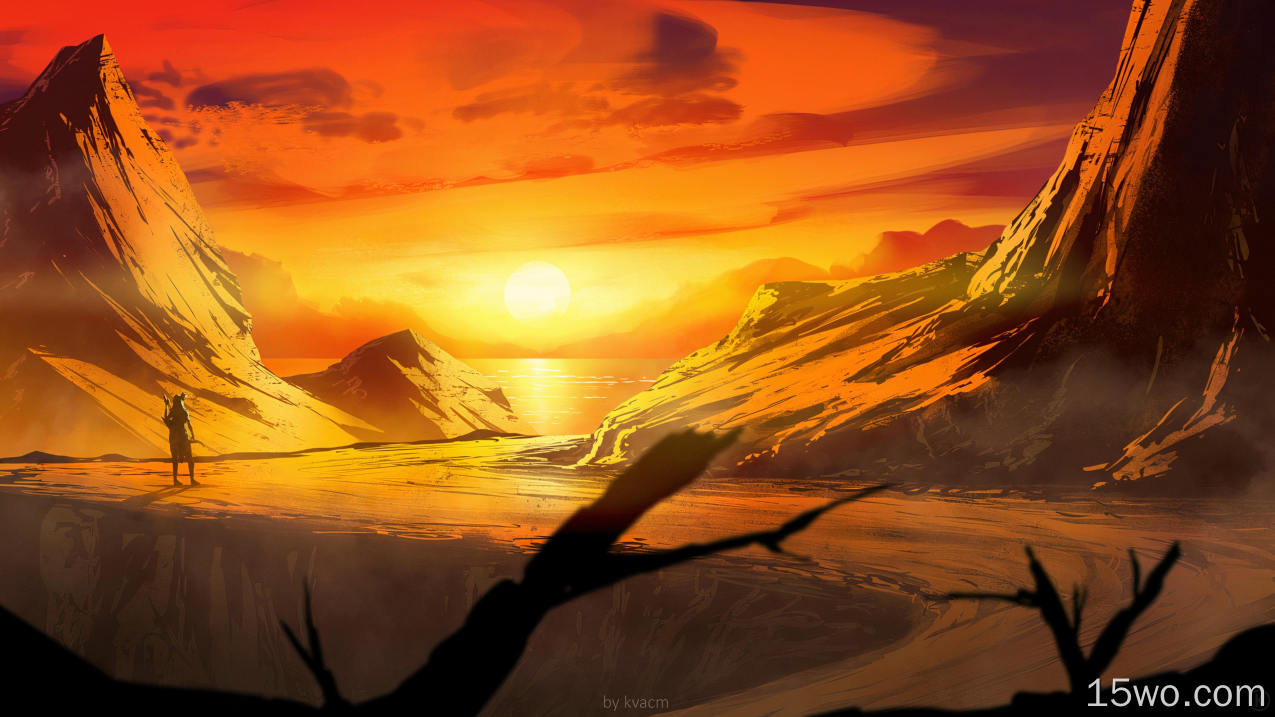 平地风景、猎人、弓箭手、日落、橙色天空、岩石
