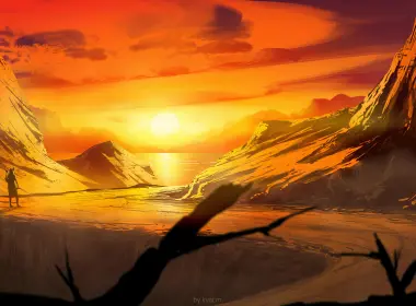 平地风景、猎人、弓箭手、日落、橙色天空、岩石 3840x2160
