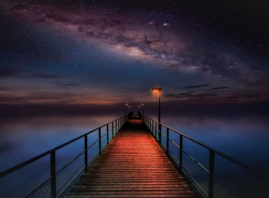人造 码头 海洋 Sea 夜晚 银河 星系 Starry Sky 星空 高清壁纸 3840x2160