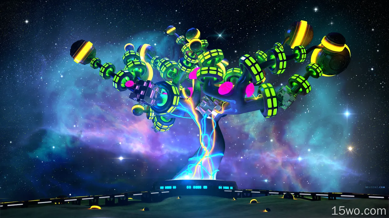 艺术 数字艺术 星云 Colorful 球体 3D 抽象 CGI 树 太空 超现实 复古 霓虹灯 蓝色 黄色 绿色 高清壁纸