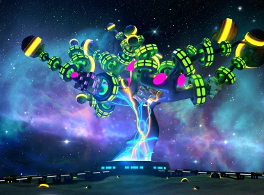 艺术 数字艺术 星云 Colorful 球体 3D 抽象 CGI 树 太空 超现实 复古 霓虹灯 蓝色 黄色 绿色 高清壁纸 3840x2160
