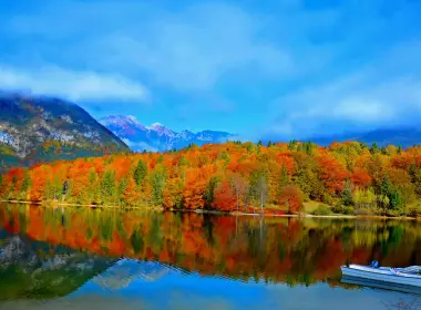 摄影 倒影 地球 森林 树 秋季 Foliage 山 云 湖泊 船 高清壁纸 3840x2160