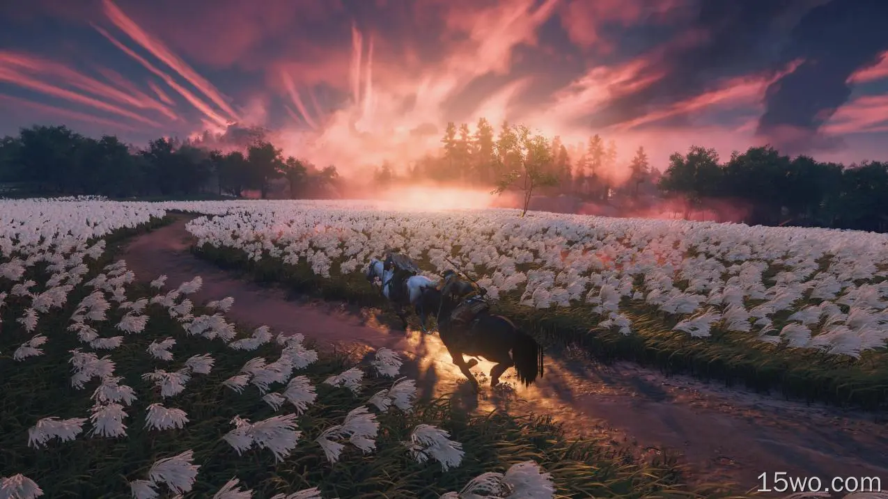 Ghost of Tsushima ,samurai,video game characters,CGI,sunset,sunset glow,flowers,path,clouds,sky,trees,video games