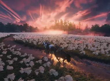 Ghost of Tsushima ,samurai,video game characters,CGI,sunset,sunset glow,flowers,path,clouds,sky,trees,video games 3840x2160