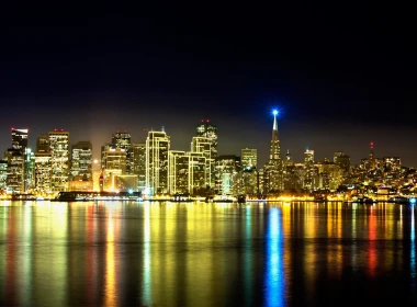 加利福尼亚，城市夜，摩天大楼，河，照明，水反射 2880x1800