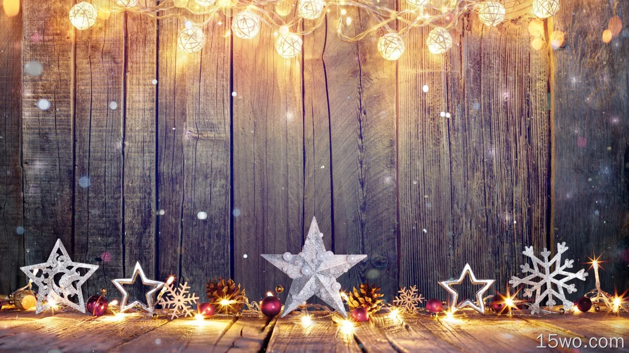 节日 圣诞节 素材 木质 星星 光 雪花 高清壁纸