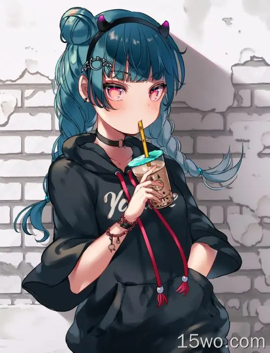 津岛吉子，热爱阳光，浅绿色头发，连帽衫，项链，咖啡
