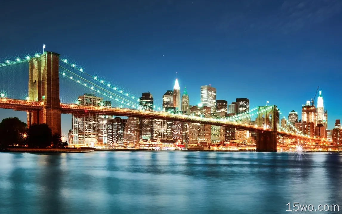 布鲁克林大桥，纽约，城市，夜晚的灯光