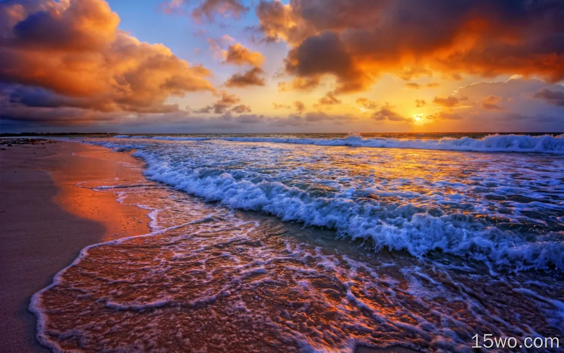 日落，海，海岸，冲浪，海浪，云