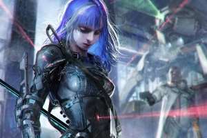 科幻 女战士 Woman Warrior Tears Blue Hair Armor 高清壁纸  3000x2519