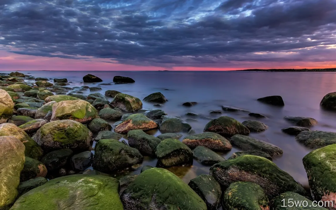 挪威，Asmaloy，海，石头，苔藓，云，黄昏