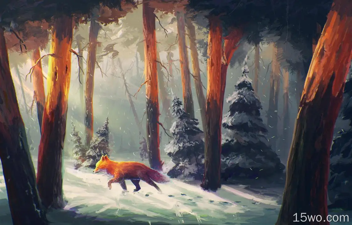 狐狸、散步、森林、雪、艺术品