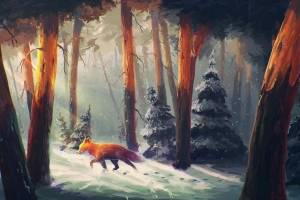 狐狸、散步、森林、雪、艺术品  3500x2238