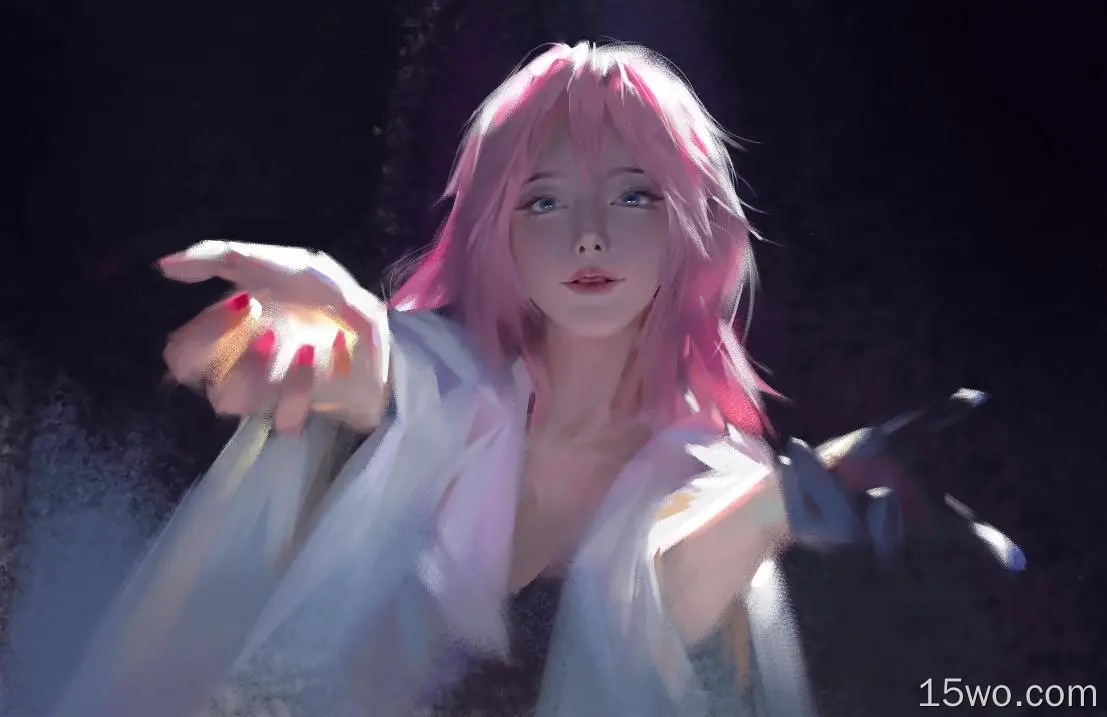 Wang Xiao,digital art,artwork,illustration,women,blue eyes,pink hair,short hair,simple background,open mouth,Asian,looking at viewer,arms reaching