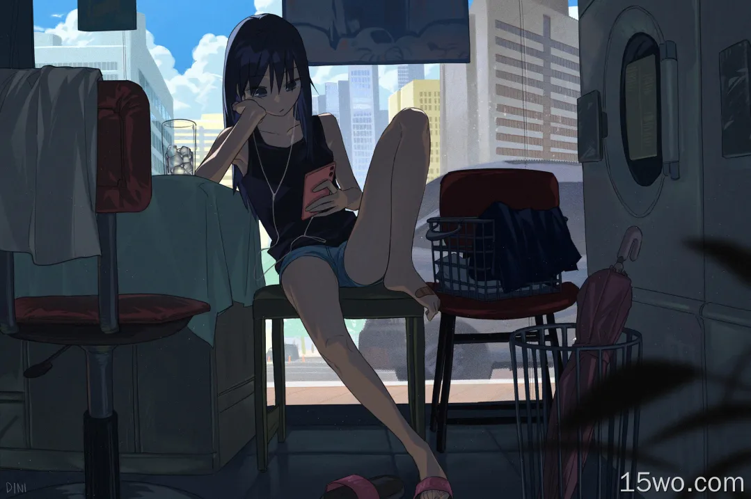 anime girls,washing machine,headphones,short shorts,phone,building,long hair,Band-Aid,sitting,chair,interior,leaves,hand on face,clouds,umbrella,ice cubes