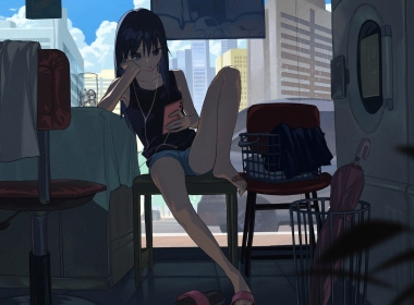 anime girls,washing machine,headphones,short shorts,phone,building,long hair,Band-Aid,sitting,chair,interior,leaves,hand on face,clouds,umbrella,ice cubes 3000x1994