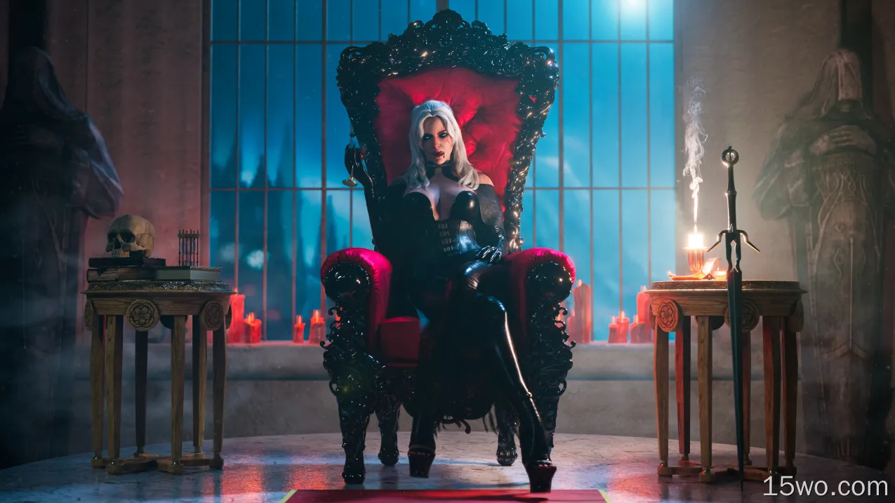 The Witcher 3: Wild Hunt,Cirilla Fiona Elen Riannon,video games,digital art,chair,sitting,window,looking at viewer,video game characters,candles,skull,long hair,video game girls