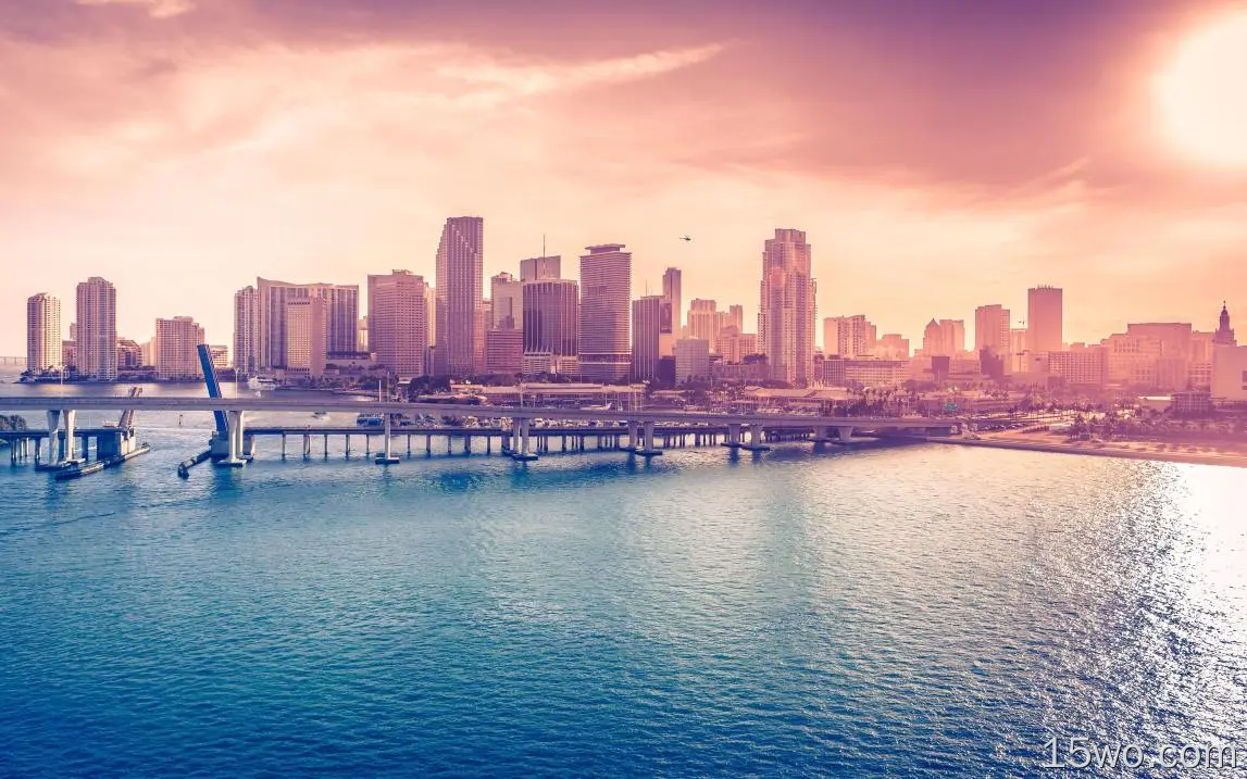 人造 迈阿密 城市 美国 Florida USA 水 摩天大楼 Cityscape 桥 高清壁纸