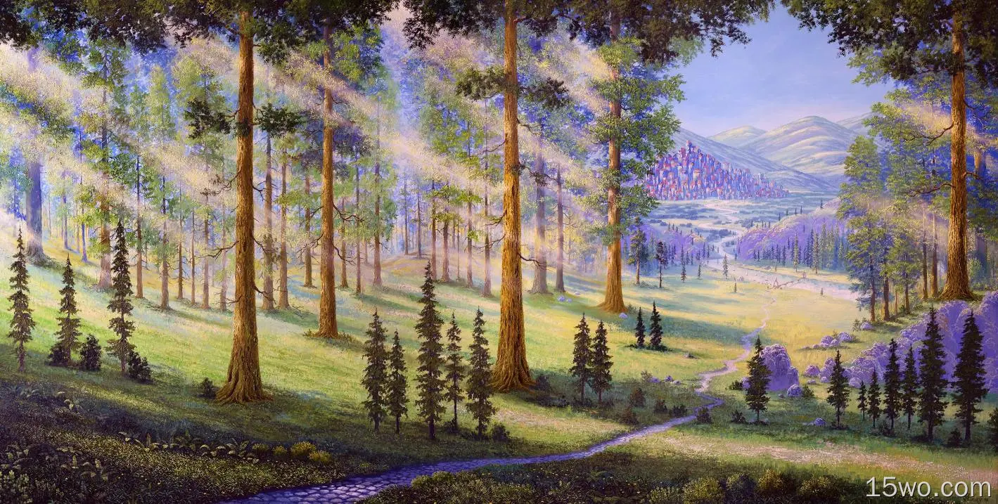 森林，树木，蜿蜒小路，阳光，山丘唯美艺术山水画壁纸
