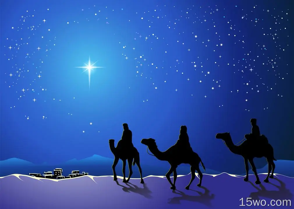 节日 圣诞节 The Three Wise Men 夜晚 蓝色 骆驼 城镇 星空 高清壁纸