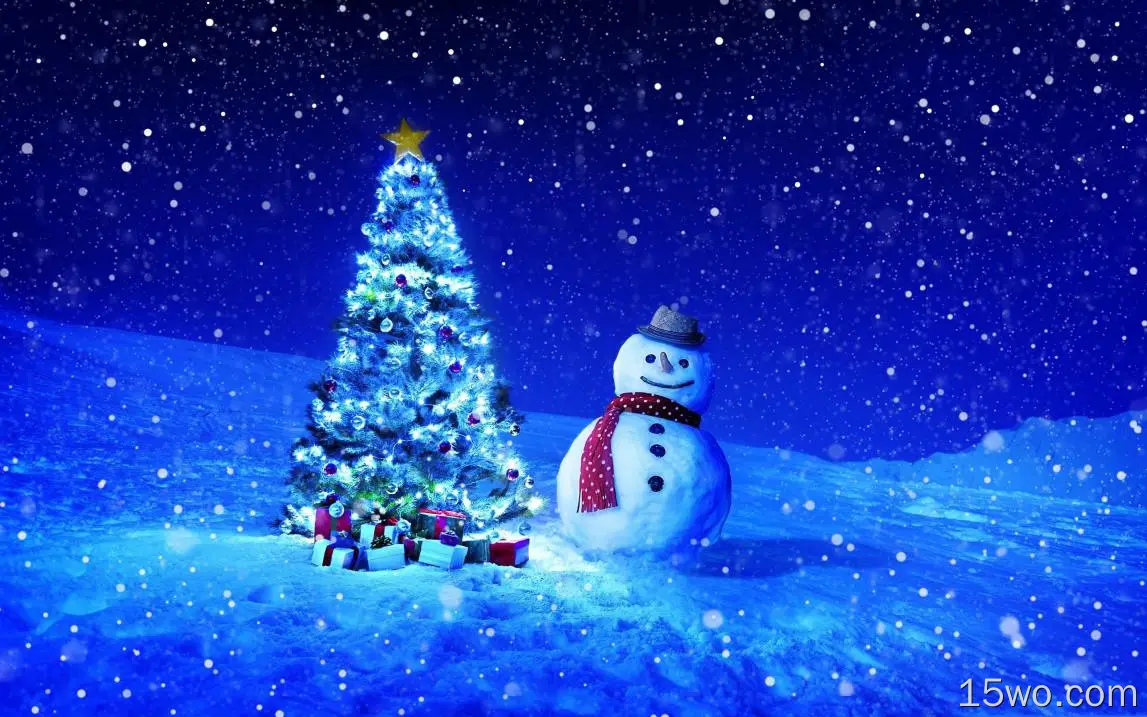 节日 圣诞节 冬季 雪人 礼物 Christmas Tree 高清壁纸