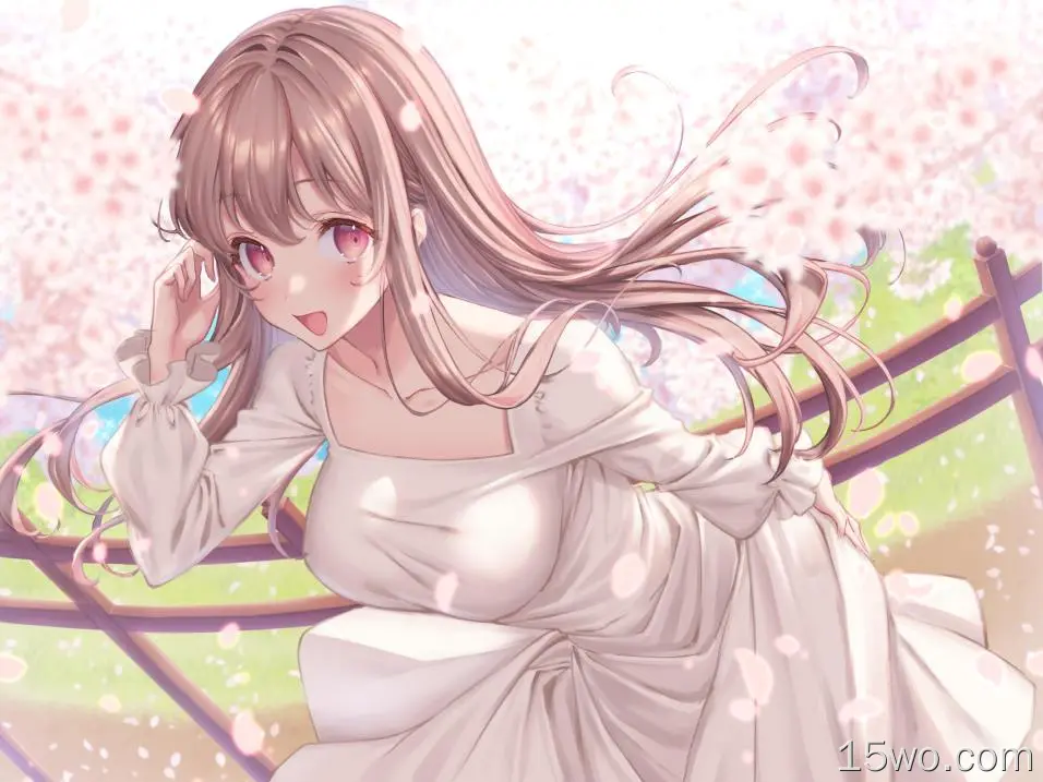moe动漫女孩，白色连衣裙，樱花瓣，春天，樱花