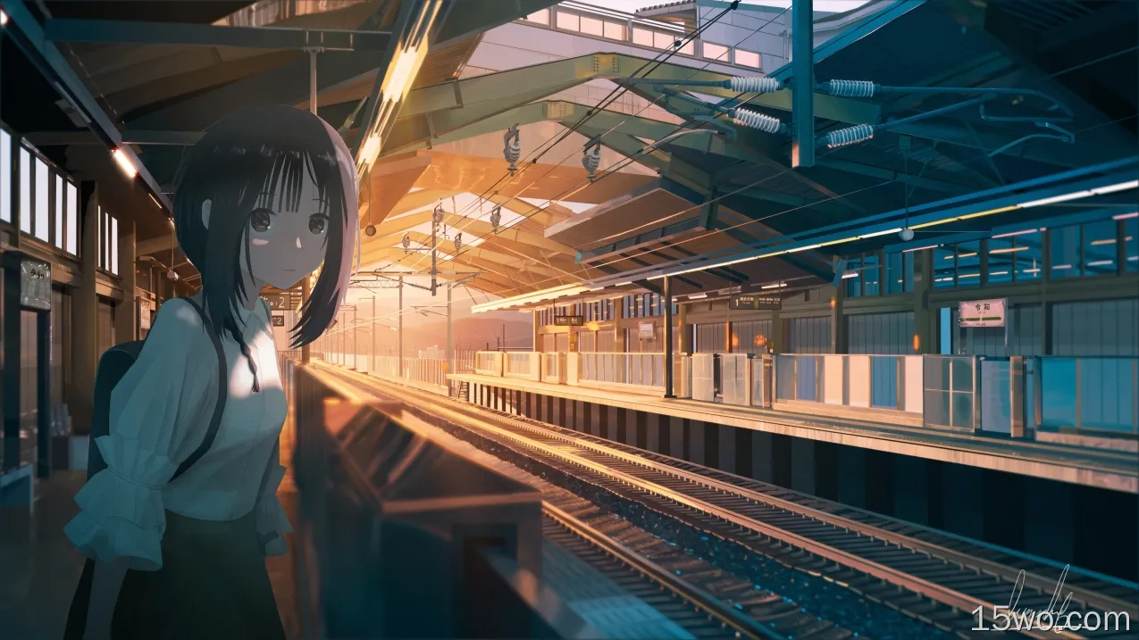 动漫风景，火车站，女孩，校服，日落