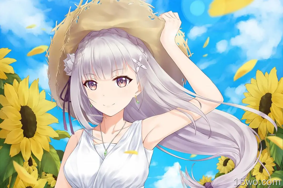 回复：Zero kara Hajimeru Isekai Seikatsu、emilia、草帽、轻便连衣裙、夏天、微笑、向日葵