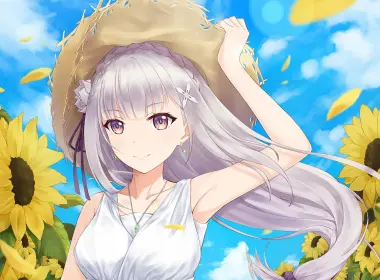 回复：Zero kara Hajimeru Isekai Seikatsu、emilia、草帽、轻便连衣裙、夏天、微笑、向日葵 1920x1280
