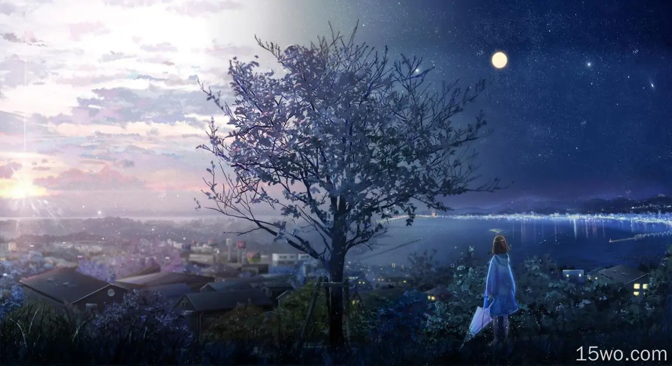 动漫女孩、孤独的树、月亮、星星、日出、雨衣、雨伞