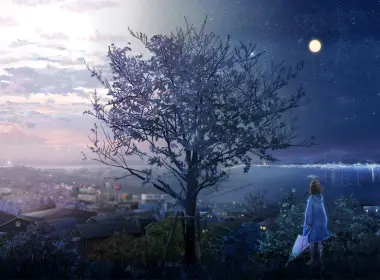 动漫女孩、孤独的树、月亮、星星、日出、雨衣、雨伞 2400x1307