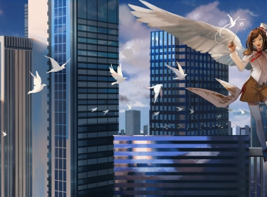 动漫天使女孩，建筑物，翅膀，鸟，天空 4002x1975