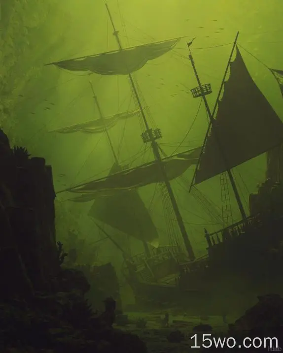 沉船，水下，肮脏的大海，绿色，黑暗，帆船