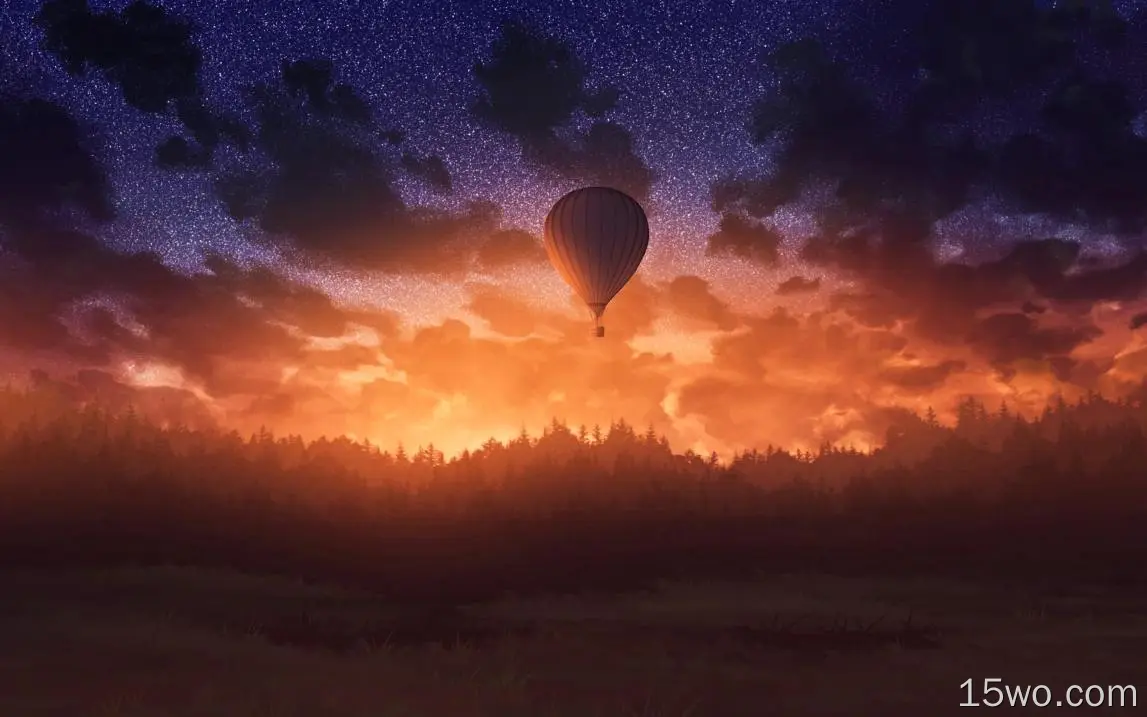 日出天空森林气球