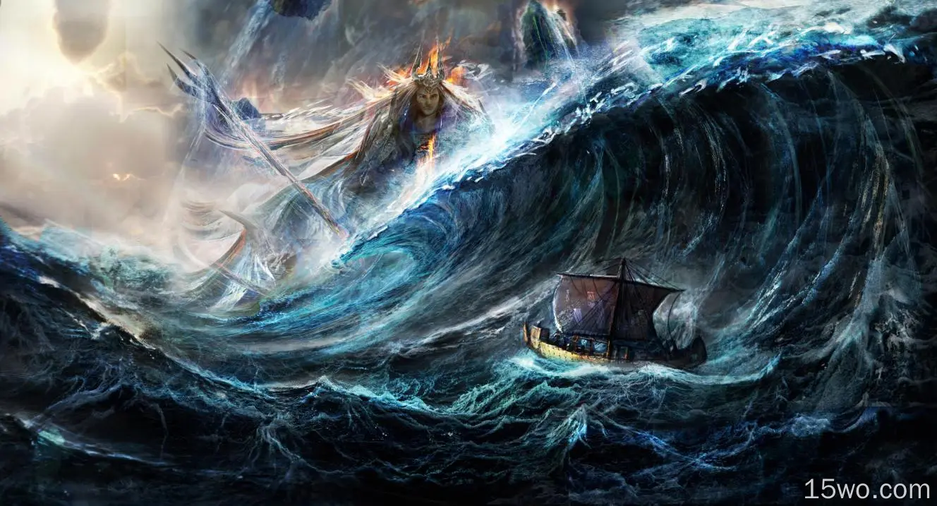 奇幻 Poseidon Deity 海洋 船 海浪 高清壁纸