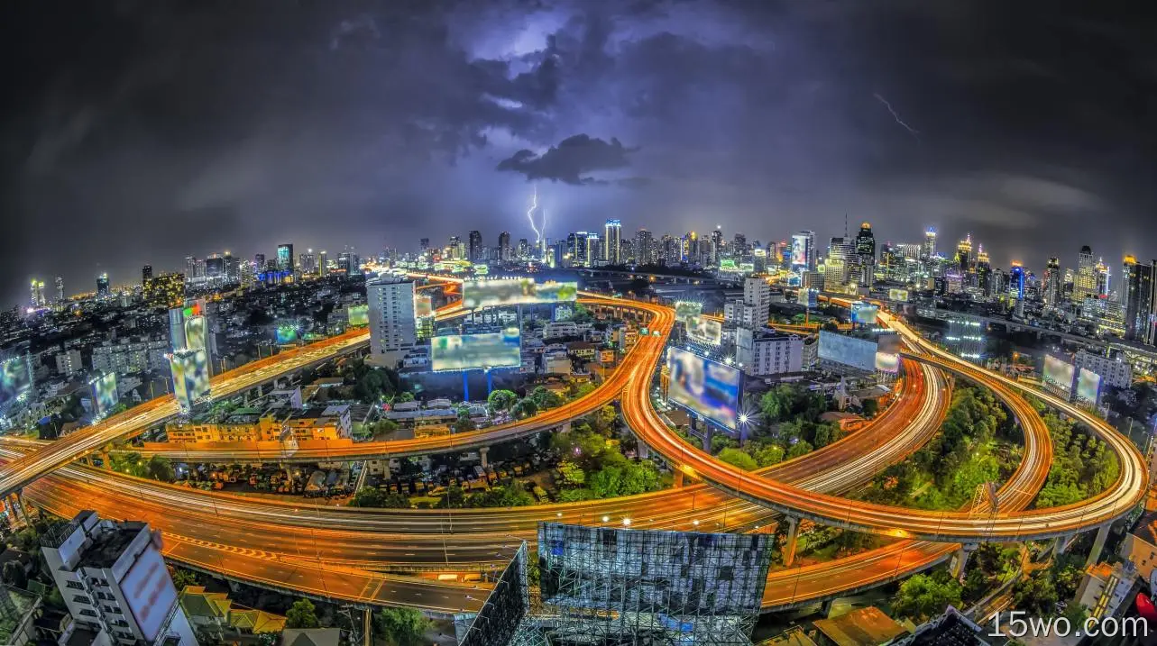 曼谷、泰国、城市景观、夜晚、闪电、云层、建筑