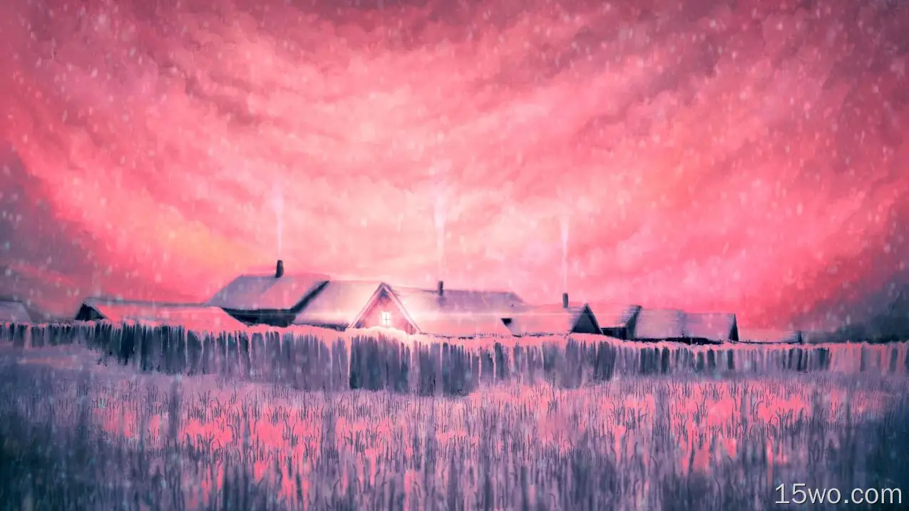 粉红色的天空、房子、烟、雪、田野、艺术品