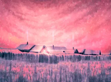 粉红色的天空、房子、烟、雪、田野、艺术品 3840x2160