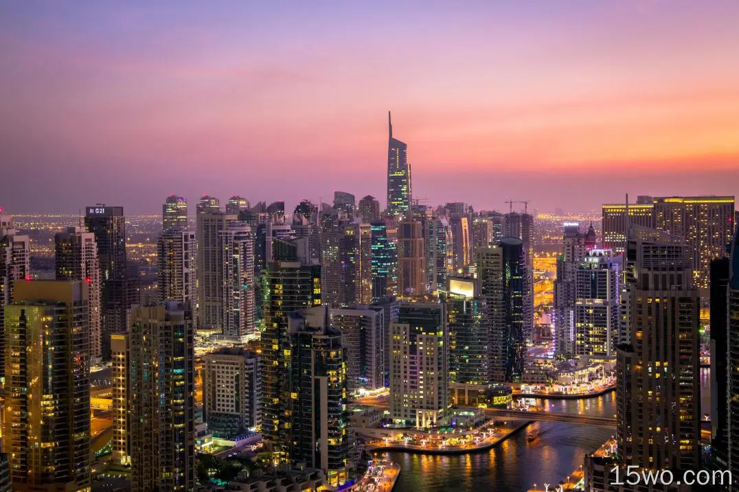 人造 迪拜 城市 阿拉伯联合酋长国 夜晚 建筑 摩天大楼 Cityscape 高清壁纸
