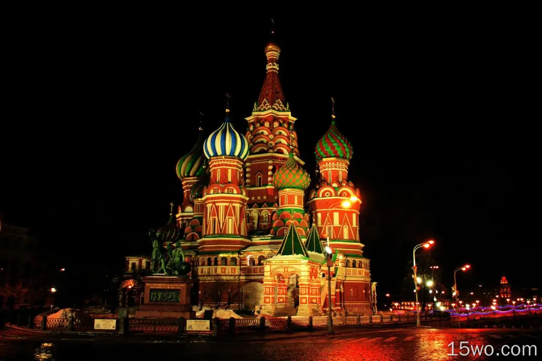 宗教 Saint Basil's Cathedral 大教堂 Religious 莫斯科 俄罗斯 夜晚 Colorful Dome 高清壁纸