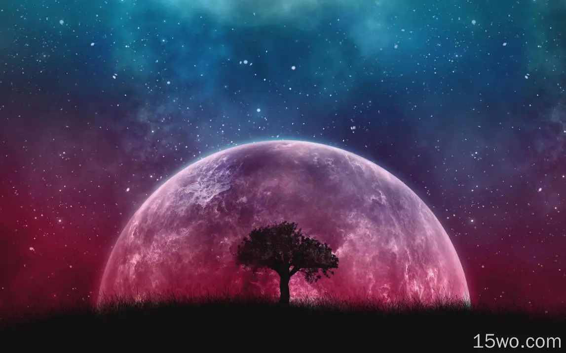 科幻 星球升起 粉色 天空 夜晚 星星 树 高清壁纸