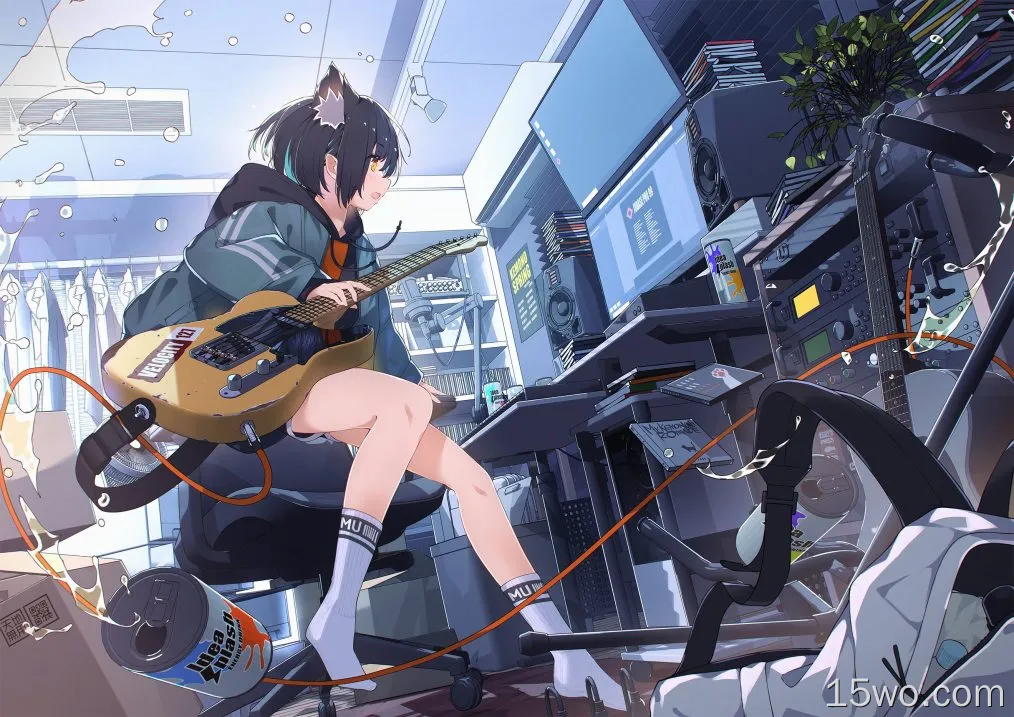 anime girls,animal ears,electric guitar,low-angle,musical instrument,drink,can,sitting,chair,technology,fans,microphone,short hair,computer