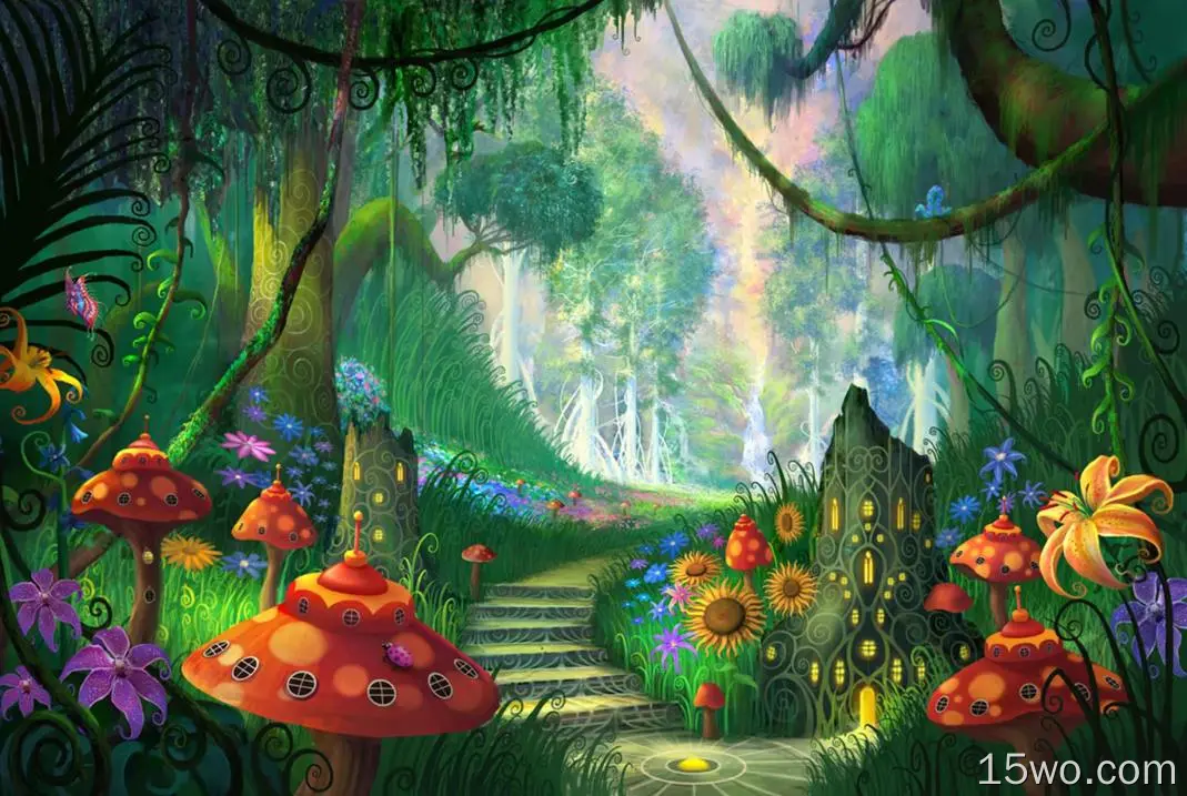 艺术 奇幻 森林 蘑菇 楼梯 花 高清壁纸
