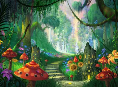 艺术 奇幻 森林 蘑菇 楼梯 花 高清壁纸 2100x1408
